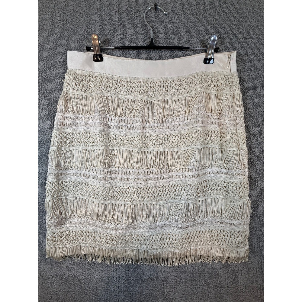 Miami Crochet Fringe Mini Skirt Womens Medium Cream Excellent Boho Festival